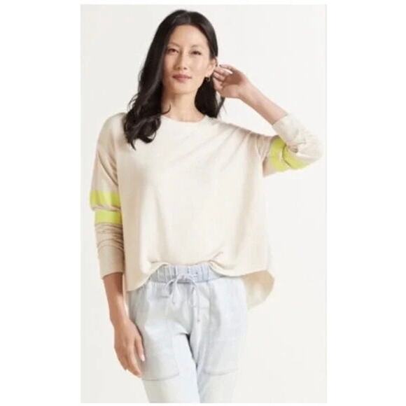 Sundry x Evereve Tan + Neon Stripe Varsity Long Sleeve Lightweight Sweater - Picture 1 of 10